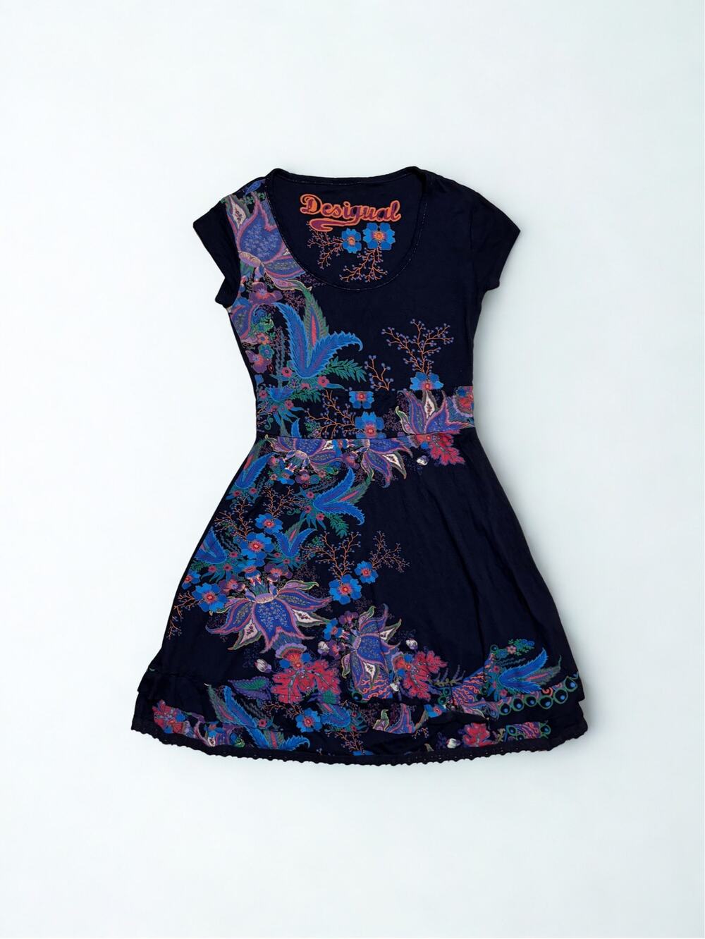 Desigual Black Floral Paisley Print Short Sleeve Skater Dress Size L